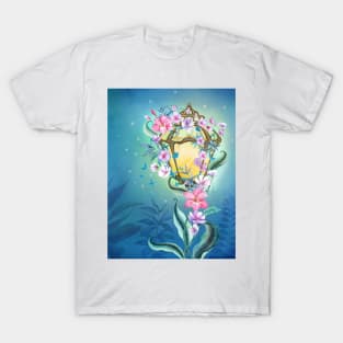 Enchanted streetlight with flowers ornament, butterflies decoration. Night Fairy garden watercolor illustration. Colorful romantic scenery T-Shirt